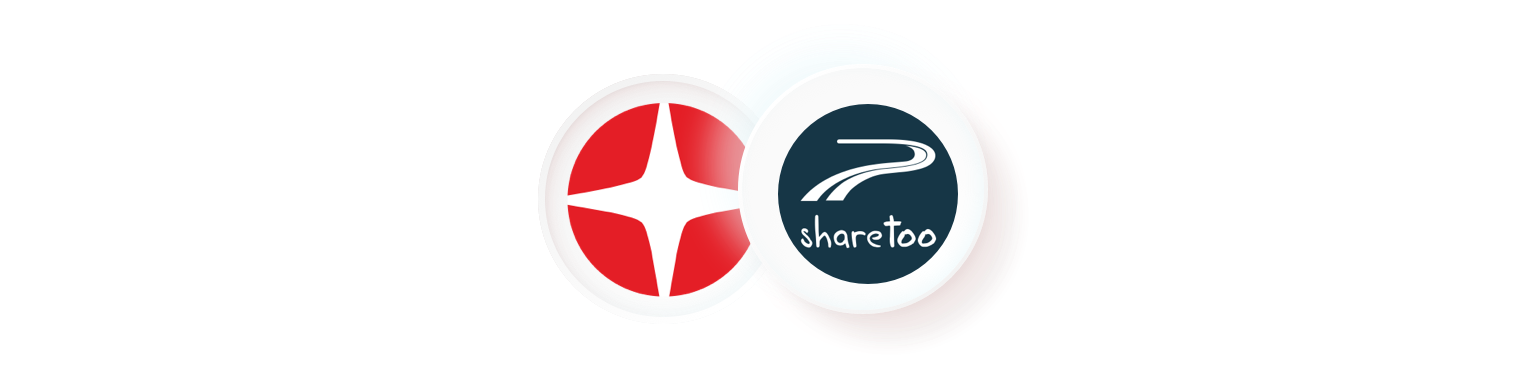 An illustration of two circular logos. The first is a red and white starburst logo, the logo of WienMobil, and the second is the "sharetoo" logo. This graphic represents the integration of carsharing operator sharetoo into the aggregator app of WienMobil in Vienna.