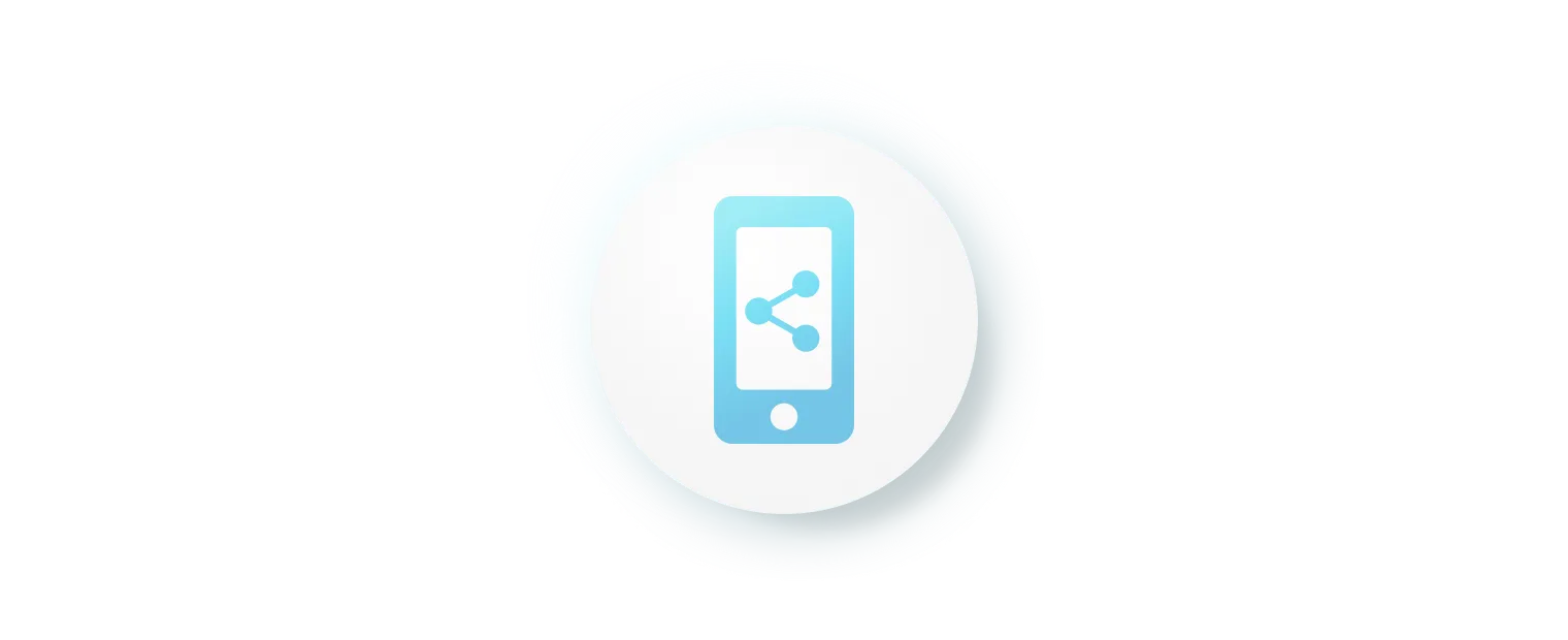 A stylized icon of a smartphone with a sharing symbol (a circle with three connected dots) on its screen, set against a white circular background. This image visually represents a mobility aggregator app that facilitates the sharing of different services.