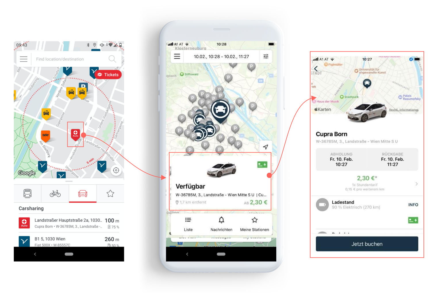 A series of screenshots from a mobile app. The first screenshot shows a map with various transportation options and a car icon selected. The second screenshot shows details for a specific "Cupra Born" vehicle, including its availability and location on a map. The third screenshot displays a full booking summary with price details and a "Jetzt buchen" (Book now) button.