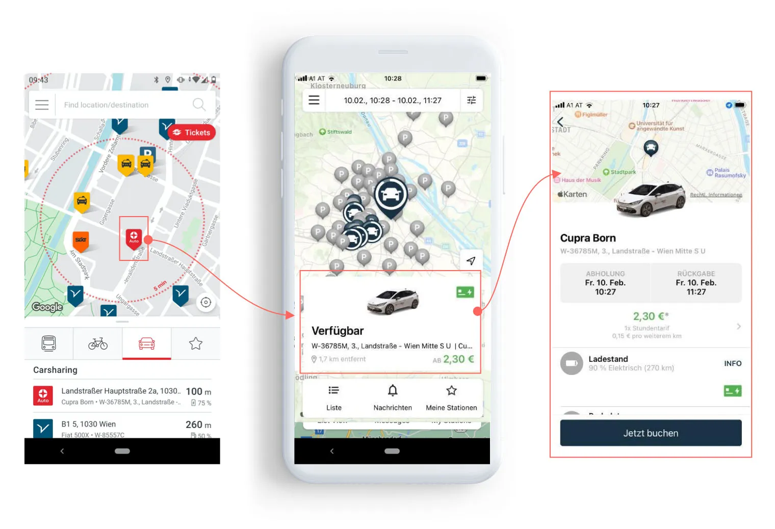 A series of screenshots from a mobile app. The first screenshot shows a map with various transportation options and a car icon selected. The second screenshot shows details for a specific "Cupra Born" vehicle, including its availability and location on a map. The third screenshot displays a full booking summary with price details and a "Jetzt buchen" (Book now) button.