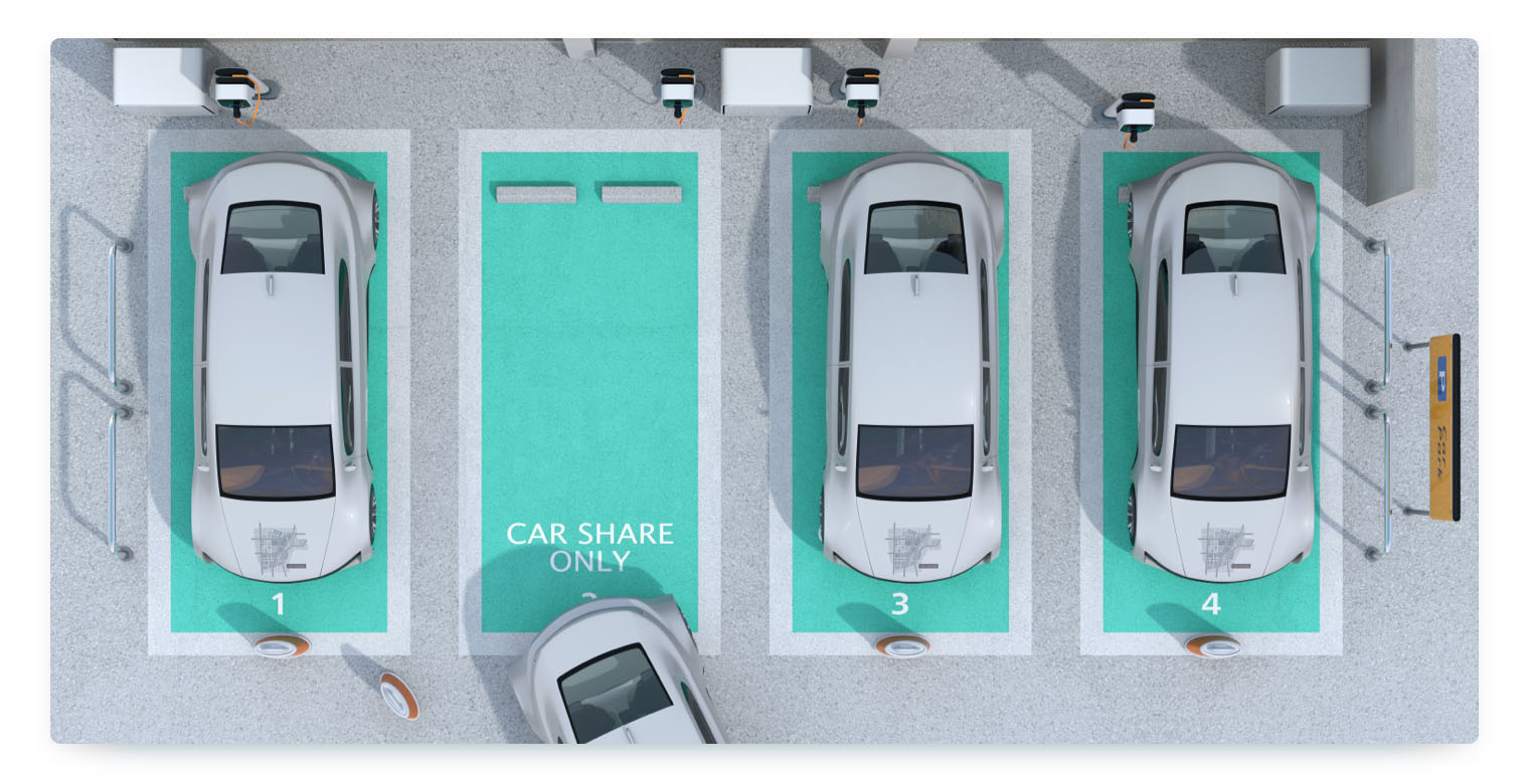 A top-down rendering of a designated carsharing parking lot. There are four marked parking spaces, with three occupied by light-colored cars and one labeled "CAR SHARE ONLY" that is empty. Two other cars are visible. The spaces are marked with teal rectangles and numbers 1, 3, and 4. The image highlights a structured, station-based carsharing model.