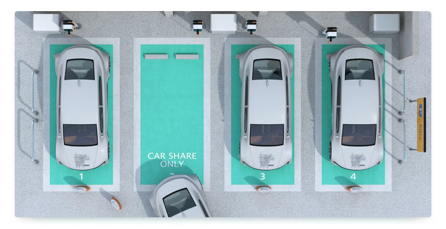 A top-down rendering of a designated carsharing parking lot. There are four marked parking spaces, with three occupied by light-colored cars and one labeled "CAR SHARE ONLY" that is empty. Two other cars are visible. The spaces are marked with teal rectangles and numbers 1, 3, and 4. The image highlights a structured, station-based carsharing model.