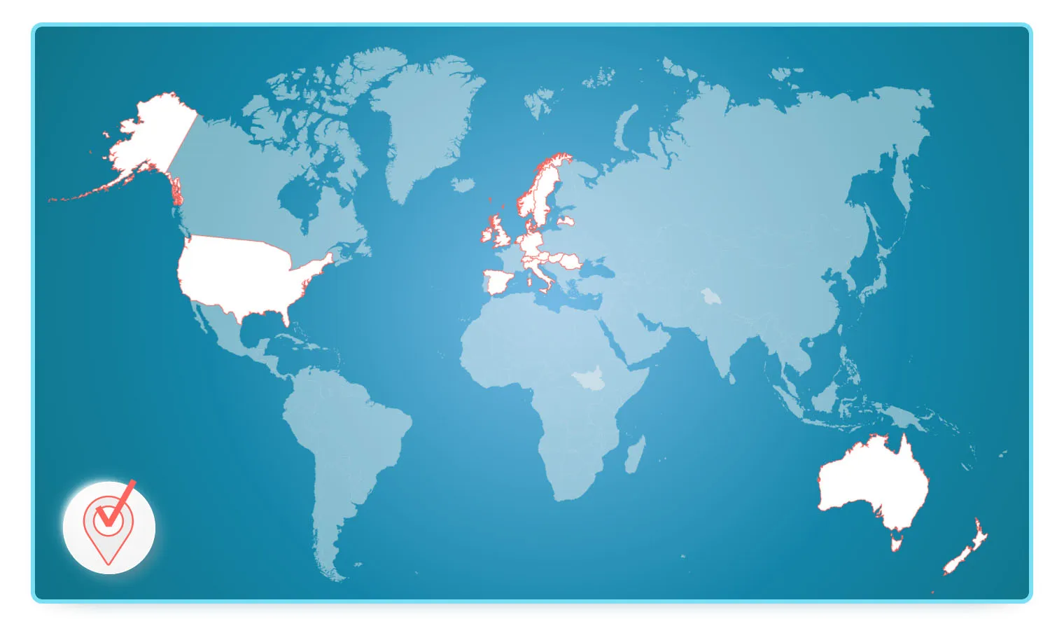 A world map highlighting the USA, Canada, Australia, New Zealand, the UK, and several countries in central and northern Europe in white with red borders. A checkmark icon is overlaid in the bottom-left corner.