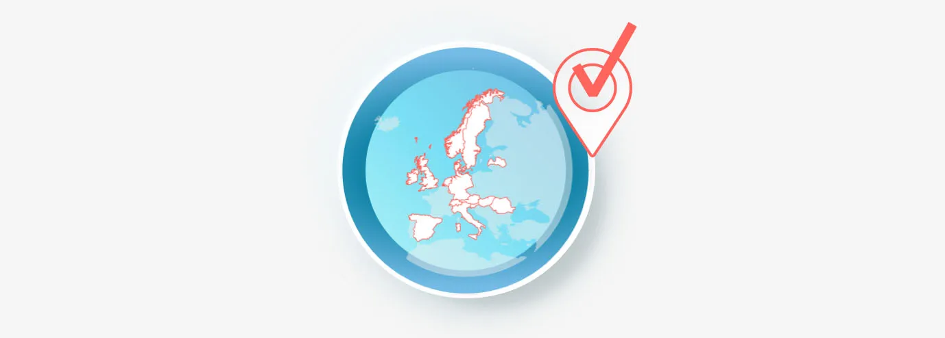 A circular, three-dimensional representation of Europe with many countries outlined in red. A red checkmark icon is to the right.