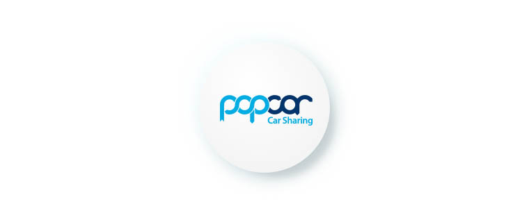 Popcar Car sharing logo in blue writing in a white circle