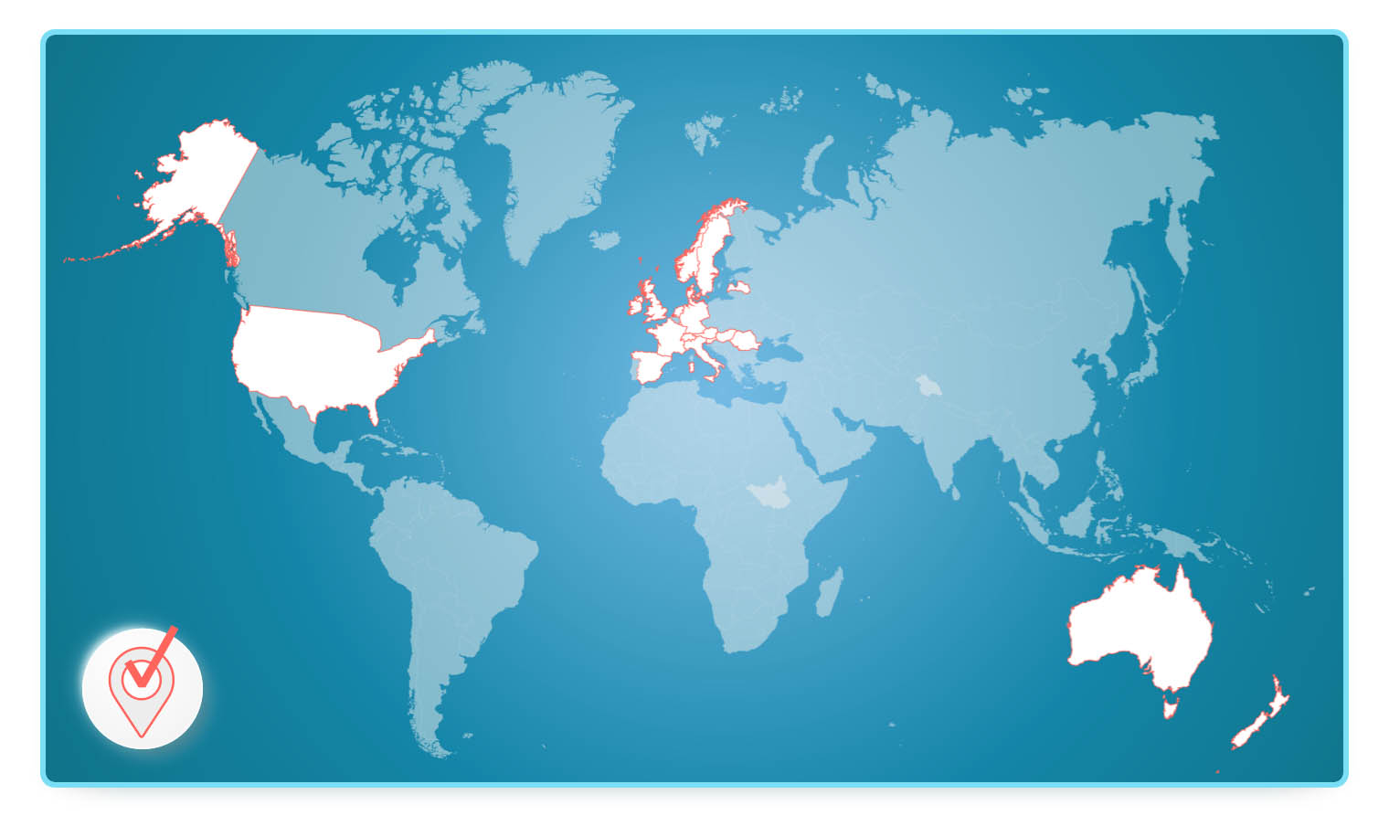 A world map highlighting the USA, Canada, Australia, New Zealand, the UK, and several countries in central and northern Europe in white with red borders. A checkmark icon is overlaid in the bottom-left corner.
