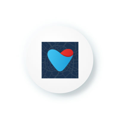 A square app icon with a blue and red heart-like shape on a dark, web-like background. 