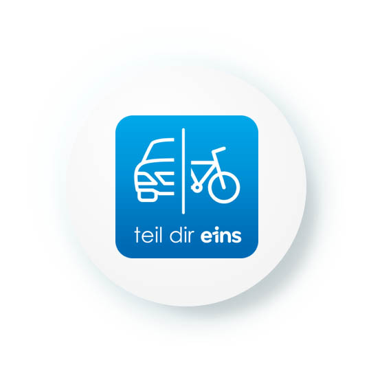 This image features a blue square with a white outline of half a car and half a bicycle. Below the image are the words "teil dir eins."