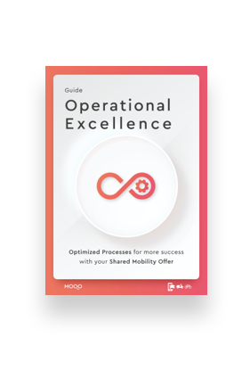The cover of a guide titled "Operational Excellence." Below the title is a logo with an infinity symbol integrated with a gear. The subtitle reads "Optimized Processes for more success with your Shared Mobility Offer." The logo for MOQO is in the bottom left corner, and icons for a car, a scooter and a bicycle are in the bottom right.