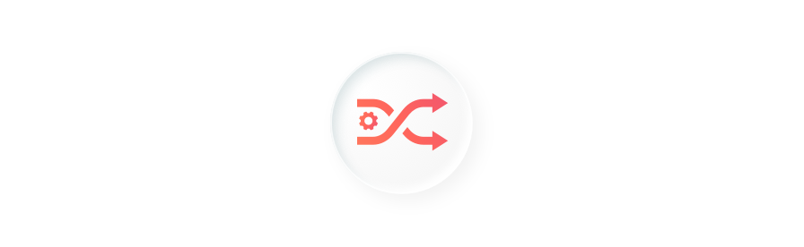 A simplified workflow icon with two curved arrows flowing in opposite directions. A gear icon is visible at the starting point of the top arrow. The icon is contained within a white circle.