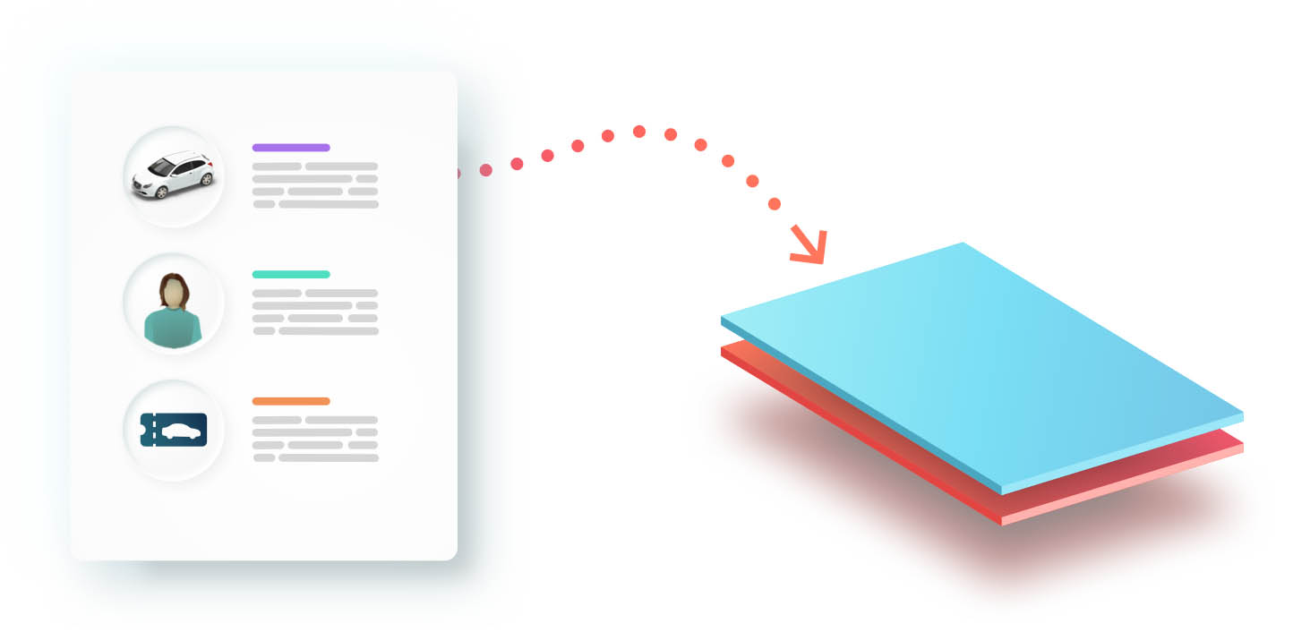 An infographic showing the flow of data from a detailed list of items on the left to two flat, rectangular layers on the right. A dotted line with a red arrow connects the two.