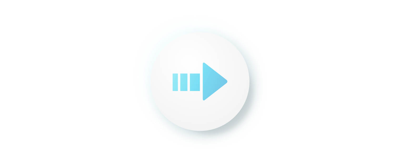 A white circle containing a blue fast-forward arrow icon.