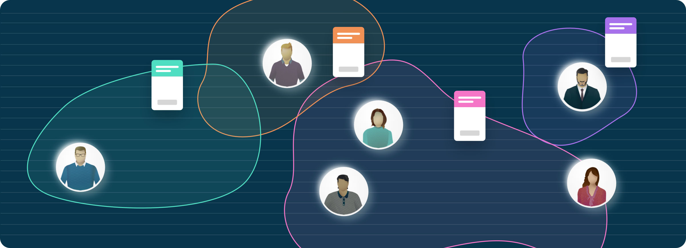 An abstract illustration of customer segmentation for a shared mobility service. Several people icons are grouped into overlapping, colored segments, representing different user types or cohorts, relevant for improving the long-term profitability of a carsharing or bikesharing service.