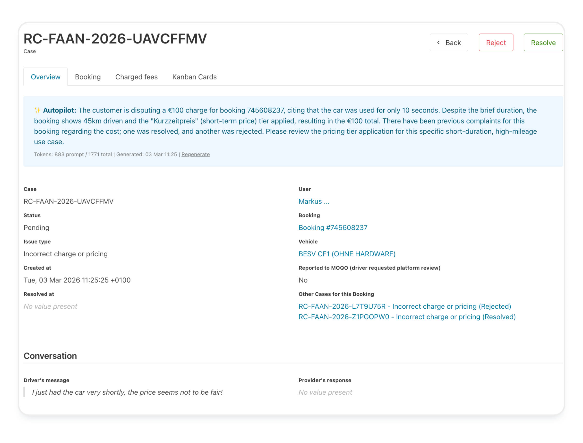 Screenshot of an inquiry in the resolution center on the MOQO platform