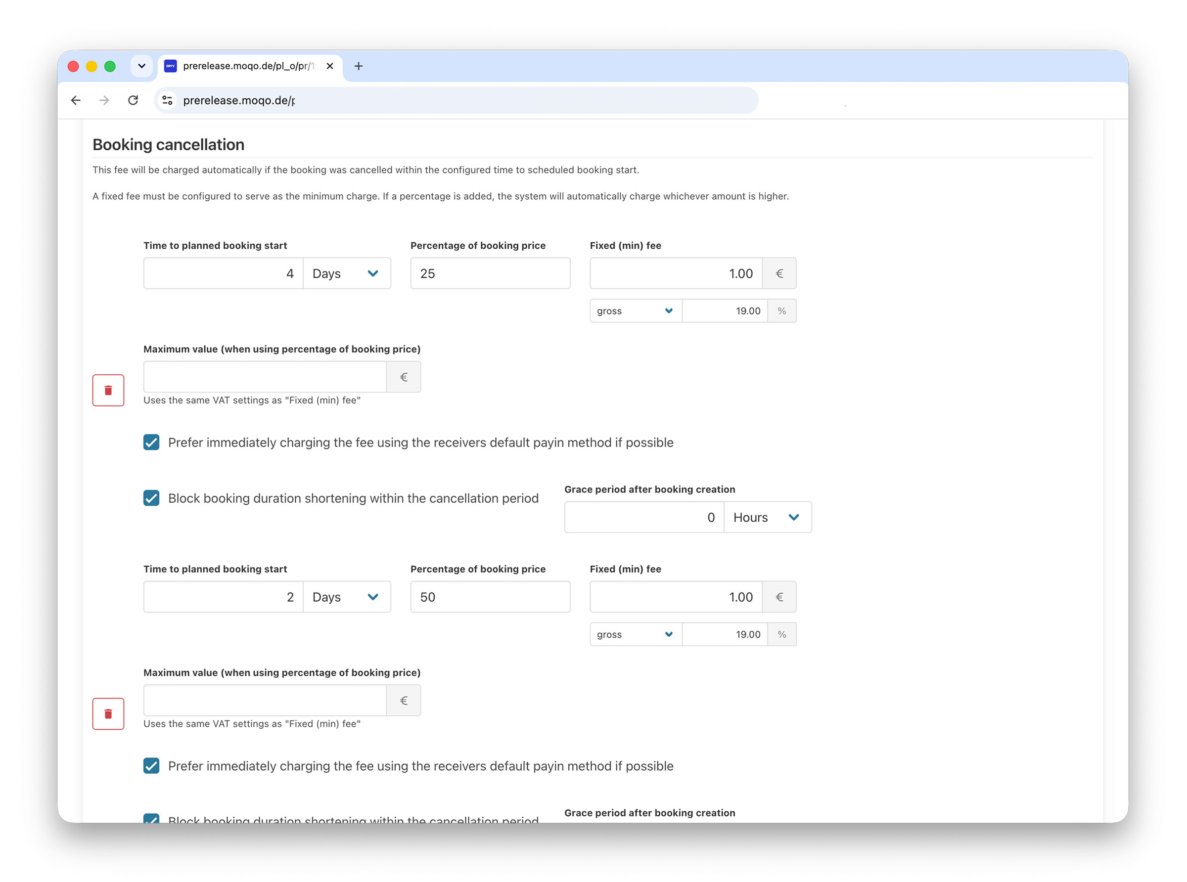MOQO provider portal configuration screen for dynamic booking cancellation fees, with multiple time tiers, percentage-based fees, fixed minimum amounts, and an option to block booking duration shortening within the cancellation window