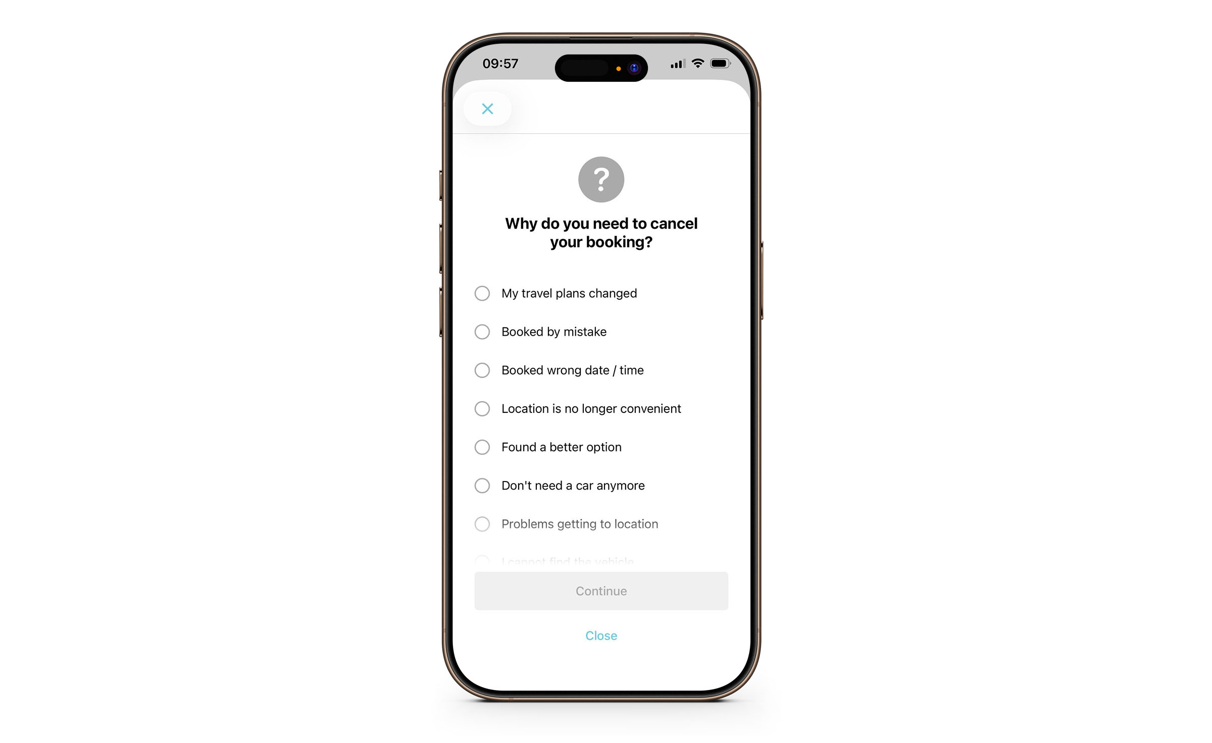 MOQO carsharing app prompting a driver to select a reason before cancelling a booking, with options including changed travel plans, booking mistakes, and situational reasons related to vehicle or location