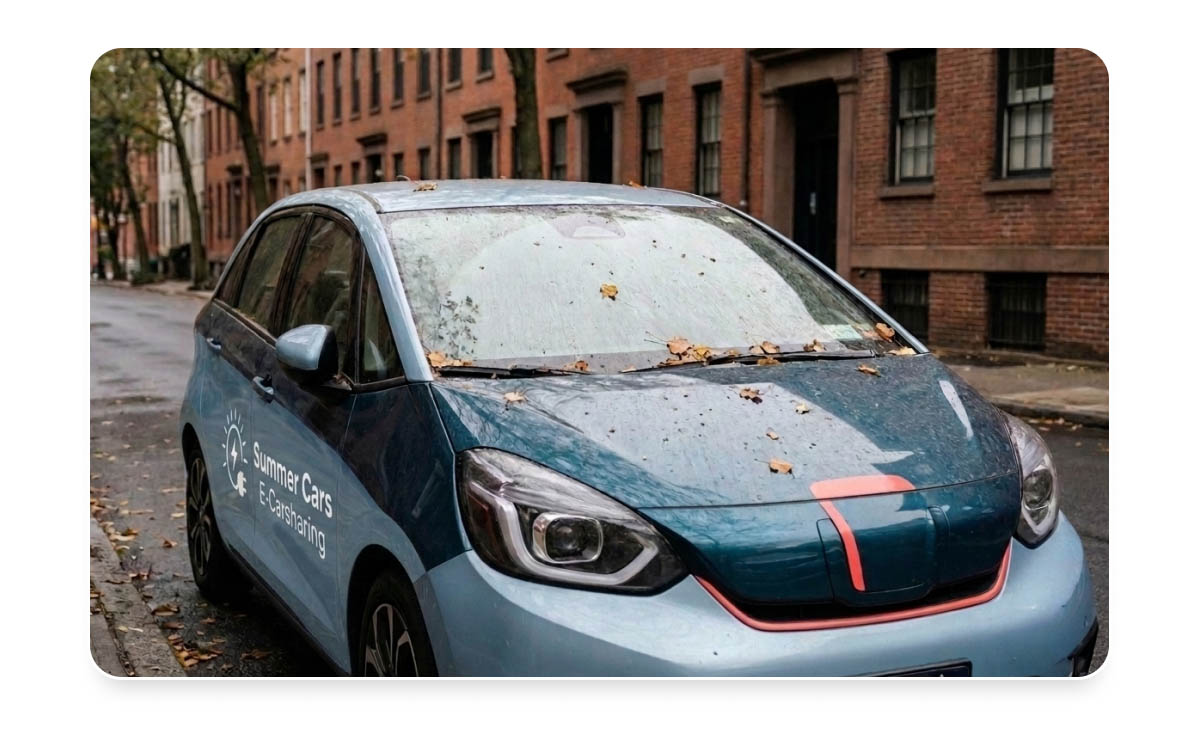 Carsharing vehicle covered in leaves sits idle at the curb – symbolizing underused fleet capacity
