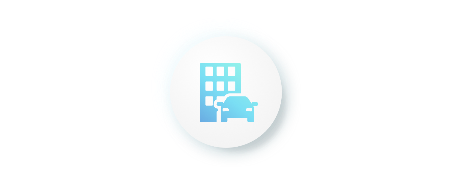 Icon showing a blue car in front of a blue office building symbolizing car dealerships