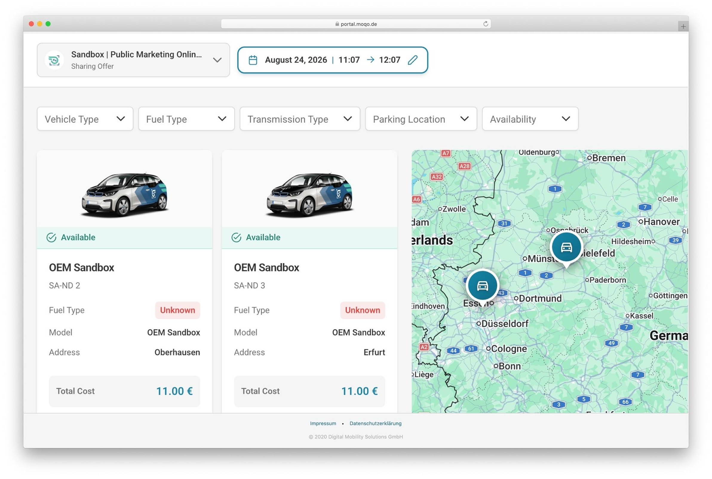 A screenshot of the web booking function with MOQO, allowing drivers to book carsharing vehicles from the browser