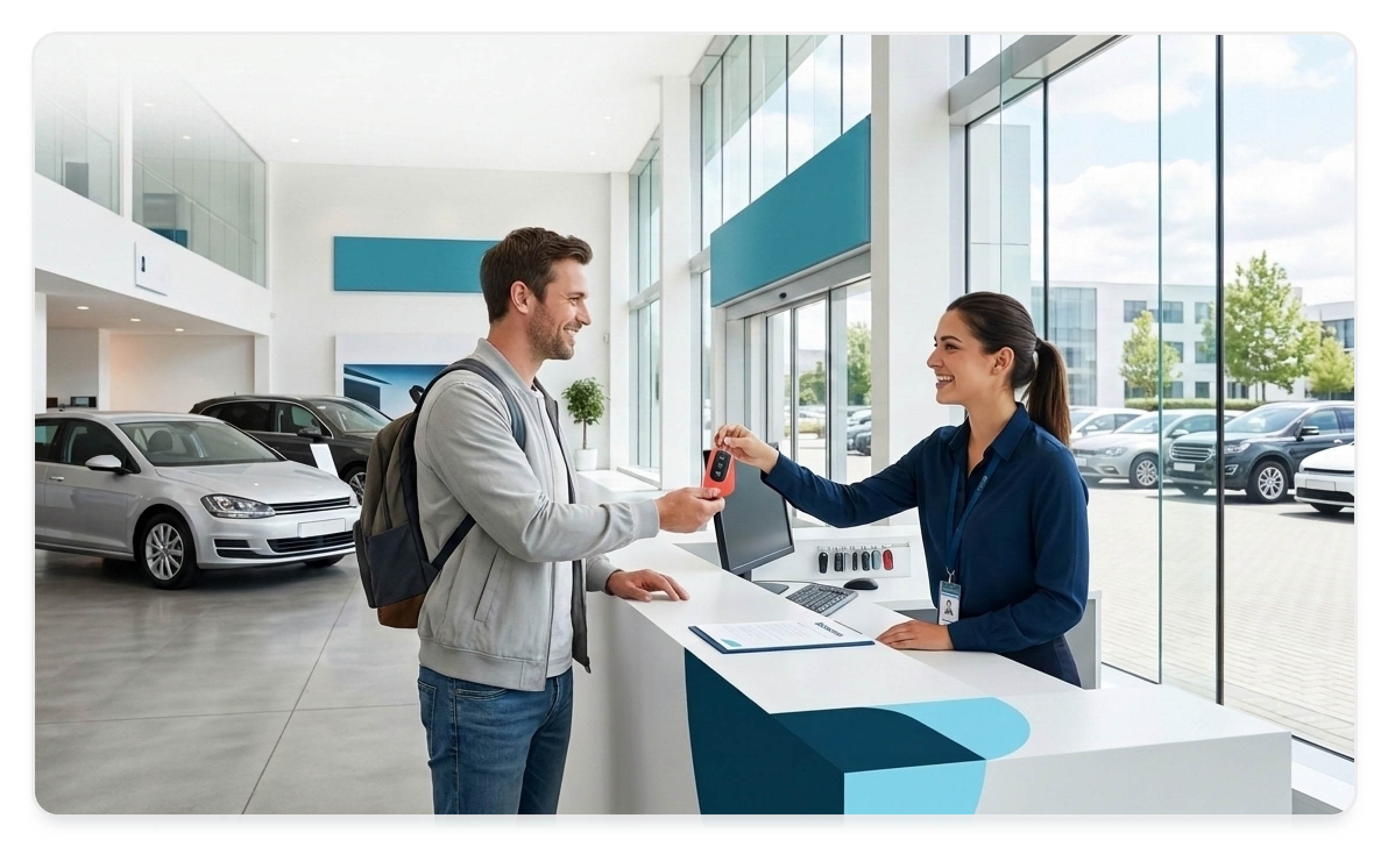 A woman handing over a car key to a customer at a car dealership, a process that can be standardized and digitalized with the use of the MOQO booking platform