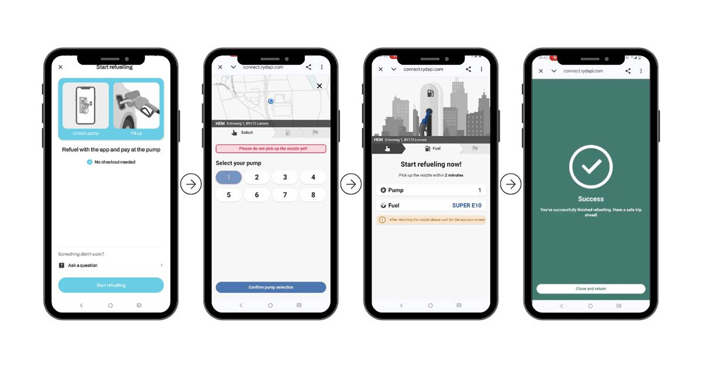 Four screenshots showing the fueling flow with ryd in the MOQO driver app: 1. info screen about refueling with the app, 2. selecting the pump in the app, 3. start refueling now info screen, showing pump number and fuel type, 4. success screen after finishing the process