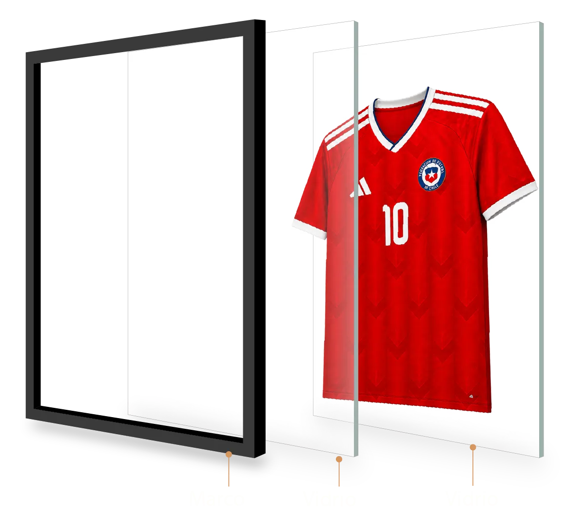 Camisa de fútbol cilena enmarcada entre dos vidrios