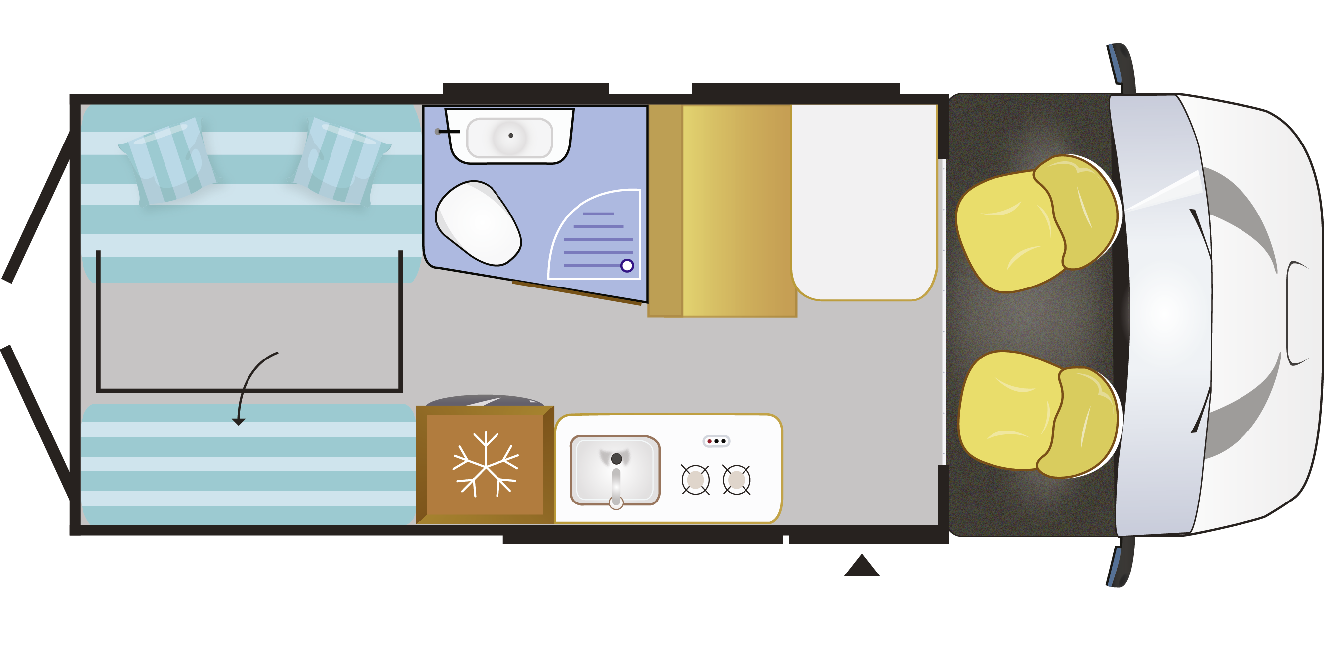 Plattegrond van de Chausson V114 camper met twee gele bestuurdersstoelen voorin, een keuken met gootsteen en kookplaat, koelkast, zithoek die kan worden omgevormd tot bed, een bed en een badkamer met toilet en wastafel.