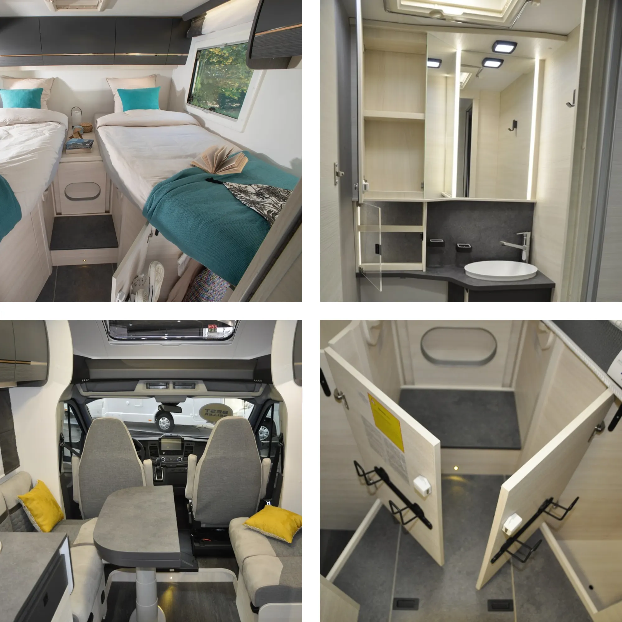 Showcase van verschillende elementen uit de Chausson camper vloot: Interieur van een camper met twee eenpersoonsbedden, een badkamermodule met wastafel en spiegel, bestuurderscabine met zithoek en tafel, en een kast met opbergmogelijkheden.