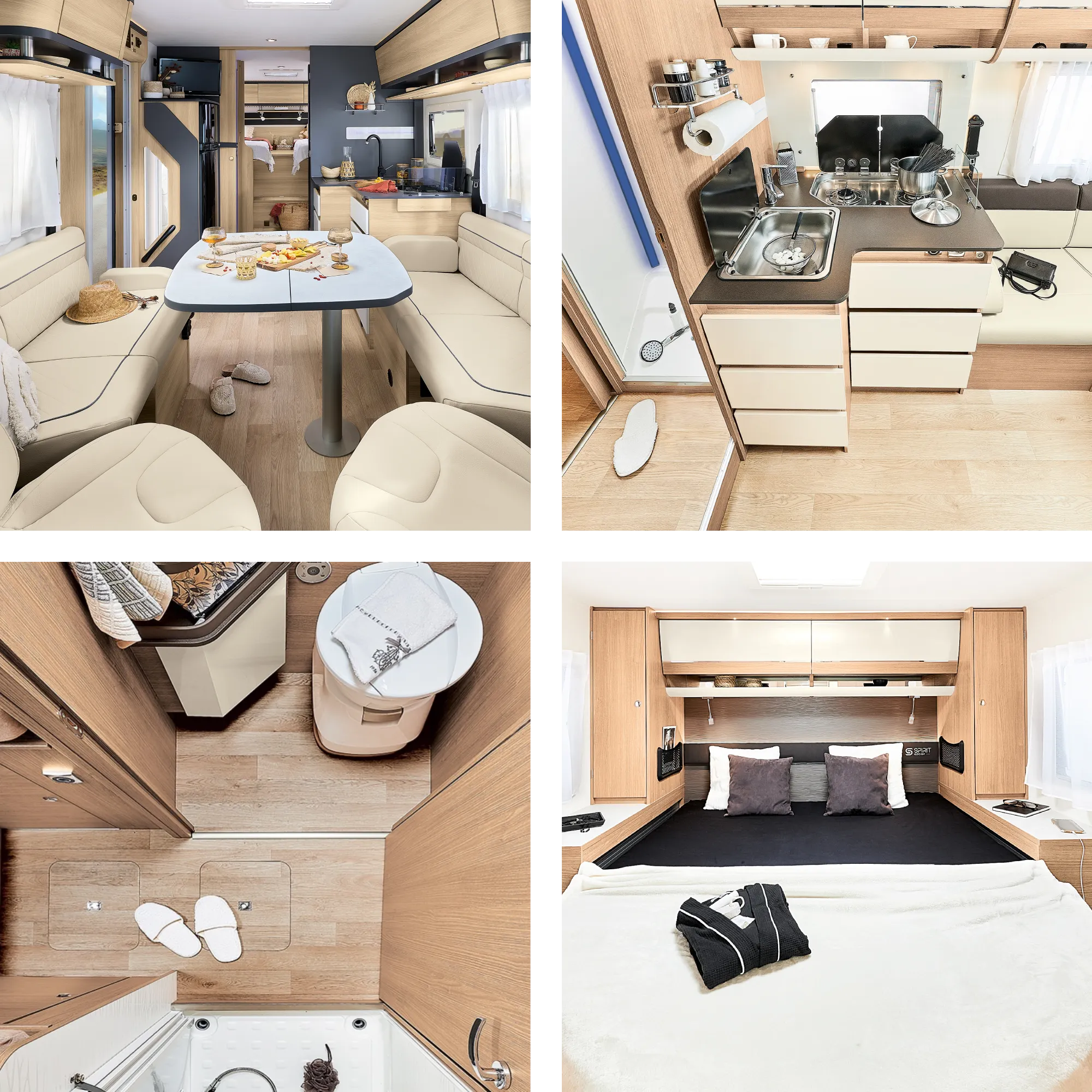 Combinatie foto van vier verschillende elementen te vinden in Intineo campers: Interieur van een camper met lichte houten meubels, een eethoek met crème banken, een compacte keuken met een gootsteen en kookplaat, een badkamer met een wastafel en douche, en een slaapkamer met een tweepersoonsbed en kasten.