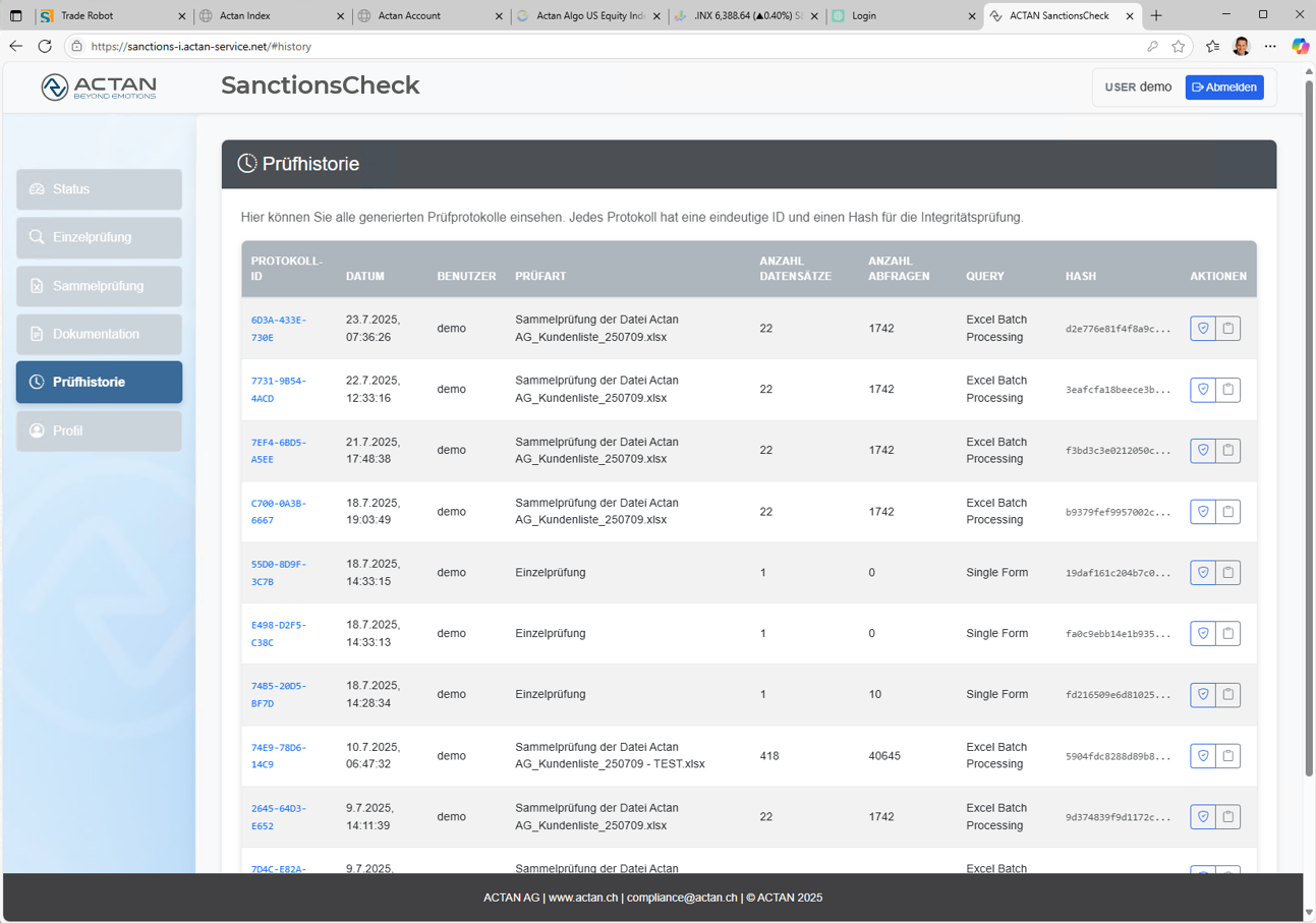 Bildschirm Prüfhistorie