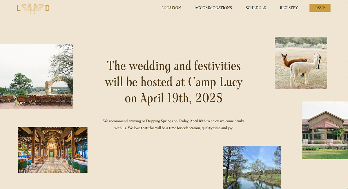 Canamar-Stensby wedding website showcasing the location of the event at Camp Lucy, Dripping Springs, TX.