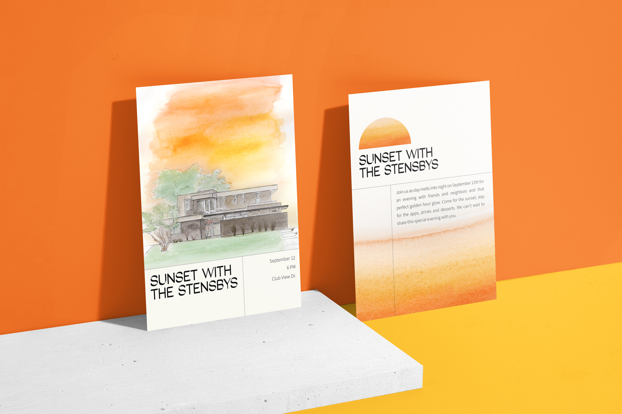 A watercolor image of a house with a sunset theme