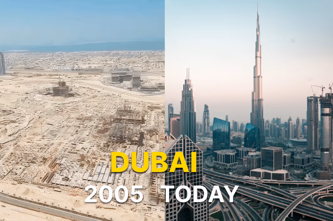 Dubai transformation 2005 to today showing desert development into Burj Khalifa skyline for real estate investment growth