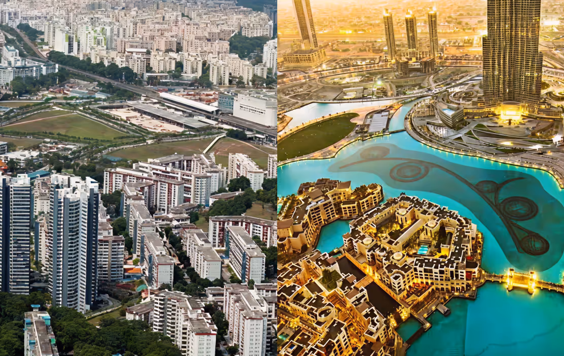 Singapore HDB residential buildings vs Dubai Burj Khalifa waterfront luxury properties comparison for real estate investment
