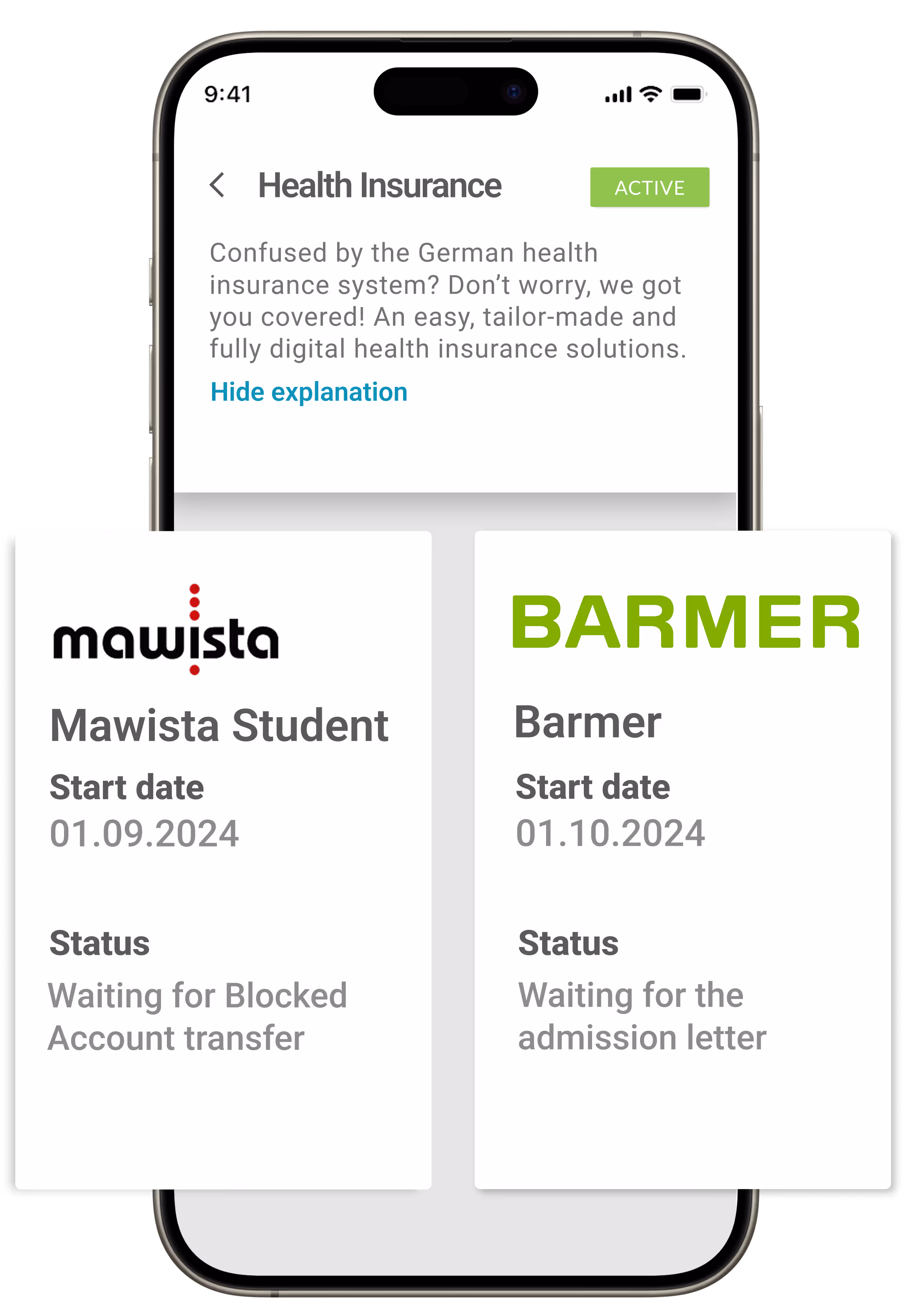 Fintiba健康保險 應用程式顯示Barmer 和 Mawista