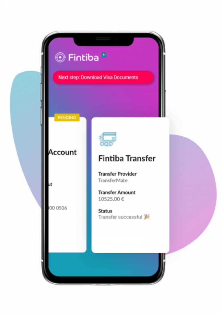 Fintiba app screen showing successful money transfer for visa application