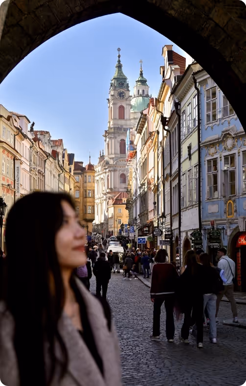 Ying Qi in Prague old town street