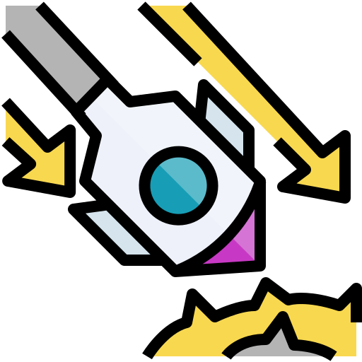 造型火箭飞船坠落，黄色箭头指向下方，下方发生撞击爆炸。