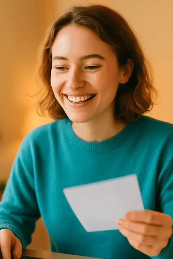 Smiling young woman with shoulder-length hair wearing a teal sweater, holding a white card.