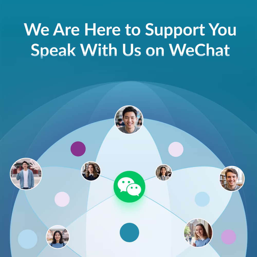 Graphic showing the WeChat logo surrounded by profile pictures of diverse smiling people with the text 'We Are Here to Support You Speak With Us on WeChat' on blue background.
