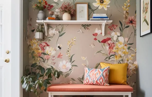 Modern gestalteter Eingangsbereich mit einer floralen Tapete, einer Sitzbank und einer Ablage mit Dekoration.