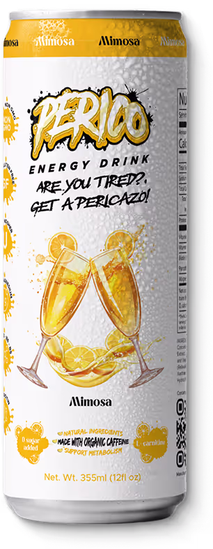 Close-up of Perico Mimosa energy drink can, featuring a bubbly citrus flavor with natural ingredients, organic caffeine, and zero sugar, perfect for a clean and energizing brunch pick-me-up. 