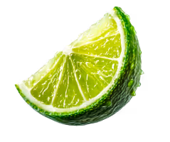 Juicy green lime wedge on transparent background, featured in the Limojito flavor section of the Perico Energy Drink website.