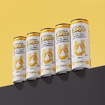 Five stacked Perico Mimosa energy drink cans lined up on a slanted black shelf with a yellow background, showcasing bold citrus flavor and eye-catching packaging for vibrant social media content and ecommerce display.