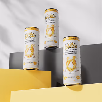 Perico Mimosa energy drinks creatively displayed on black and yellow stair-step blocks, combining minimalism with dynamic product styling.