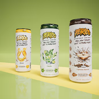 Front-facing product shot of Perico's full energy drink flavor lineup—Mimosa, Limojito, and Espresso Martini—set against a bright gradient background. 