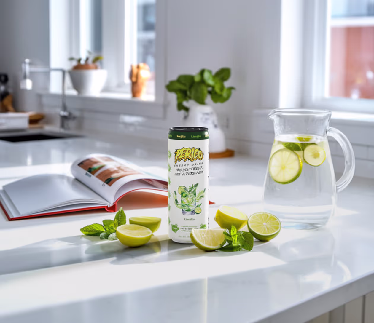 Perico Limojito energy drink can placed in a bright kitchen setting with sliced limes, mint leaves, and infused water pitcher, representing clean ingredients and a healthy lifestyle on the About Us page.