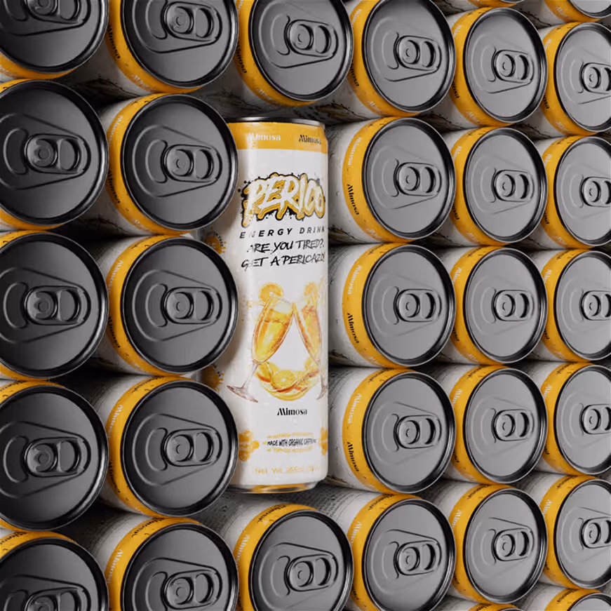 Mimosa Perico Energy Drink can featured in a stacked display of eco-friendly packaging, reinforcing the brand’s sustainability and clean energy promise.