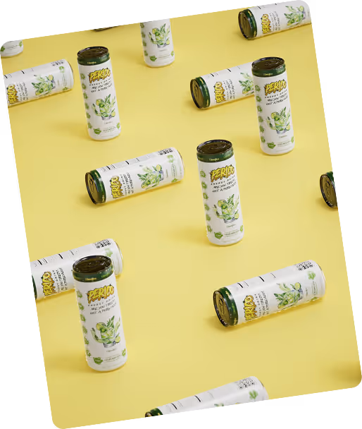 Overhead view of Perico Energy Drink Limojito cans scattered on a bright yellow surface, highlighting the vibrant and refreshing brand aesthetic. 
