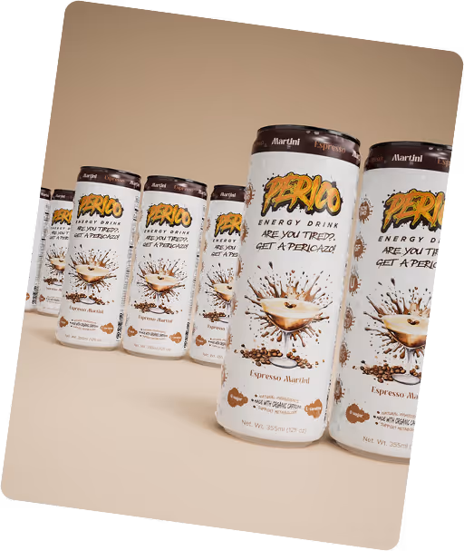 Espresso Martini cans from Perico Energy shown below the About Us section, reinforcing the brand’s bold identity, lifestyle mission, and community-driven energy.